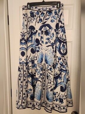 Worn Once, High Waisted Maxi Skirt Blue and White Floral Tiered Size M/L